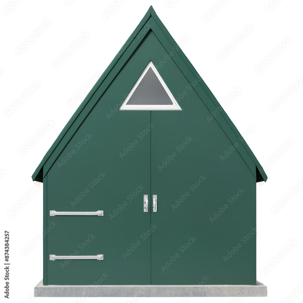 Poster a green vinyl shed with a triangular roof and a window on either side for ventilation. it sits on a 