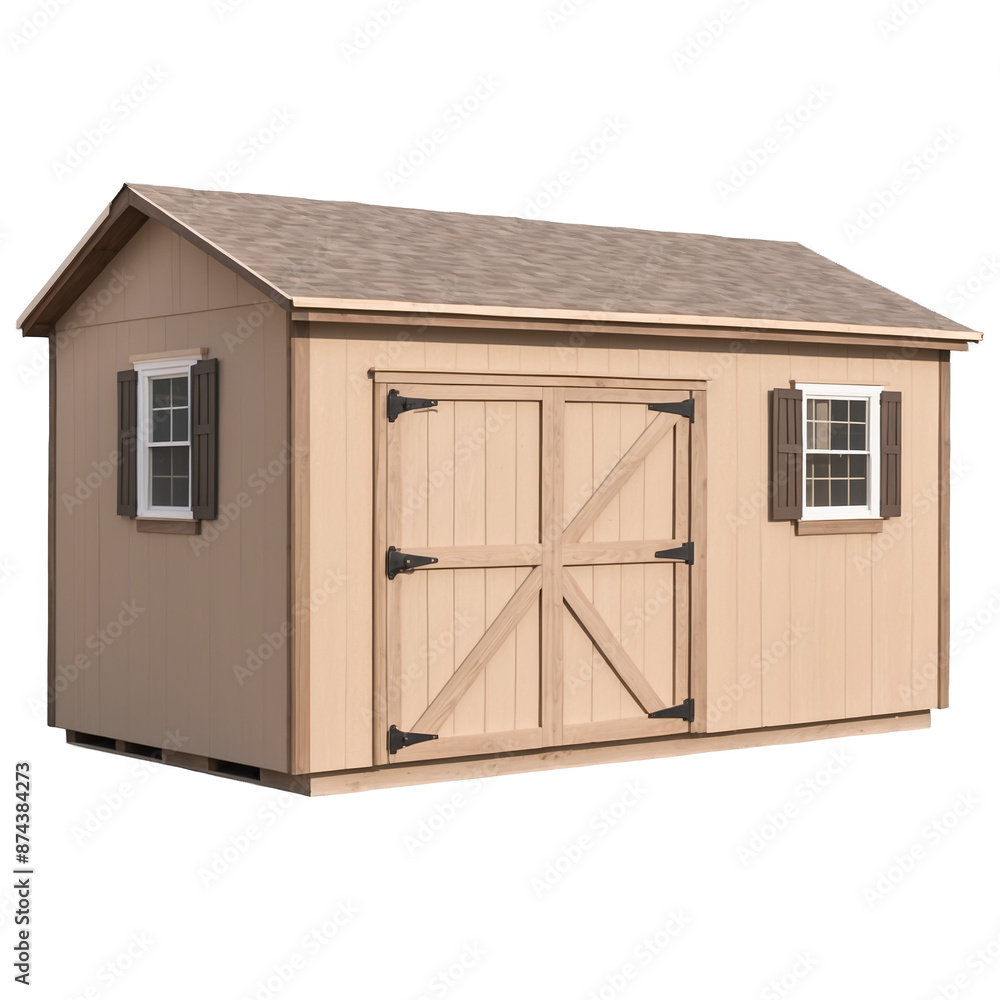 Sticker An oversized shed with a weathered appearance made of unfinished wood with a barnstyle door that slides open on a track. The front also includes a small raised porch area..