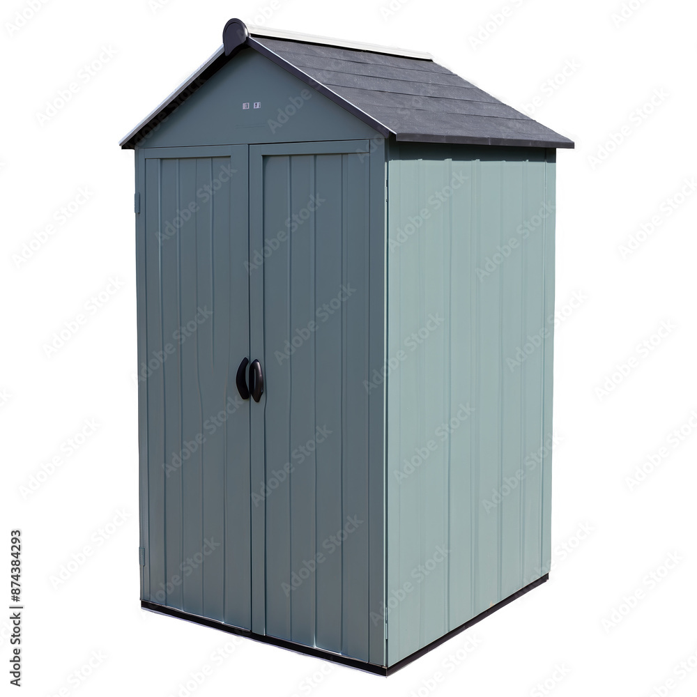 Aufkleber A compact storage shed constructed from recycled plastic and featuring a lowprofile design with a flat roof. It has a single door with a handle and a pattern of interlocking planks.