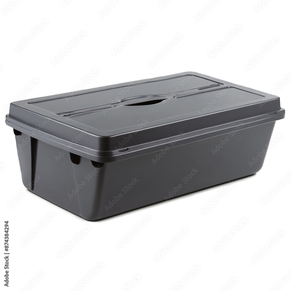 Aufkleber A rectangular black container with a removable lid and a sliding door on the bottom. The bin is made of durable plastic and has ventilation holes on all sides..