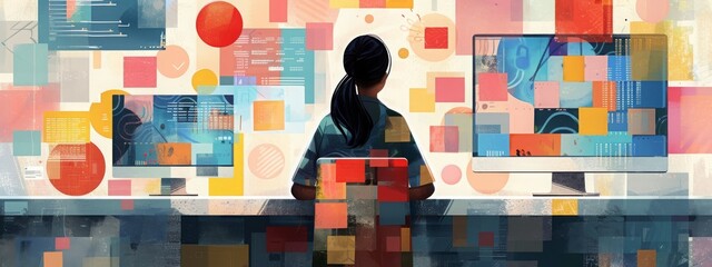 Girl Learning to Code Illustration - Abstract Data Structures, Programming Journey, and Education in Technology