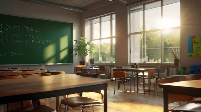 Empty Classroom with Sunlight Streaming Through Windows