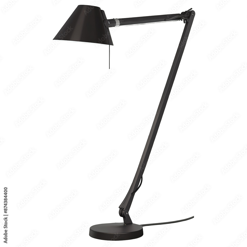 Poster An angular taskoriented lamp with a skinny stem and a coneshaped movable lampshade..