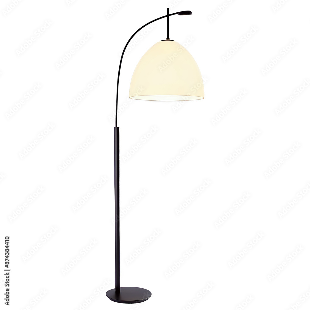 Poster a modern sleek floor lamp with a curved black metal base and a coneshaped beige shade..
