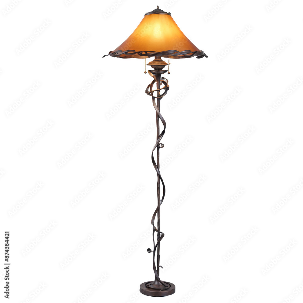 Poster a rustic floor lamp made of twisted wrought iron with a bellshaped amber glass shade..