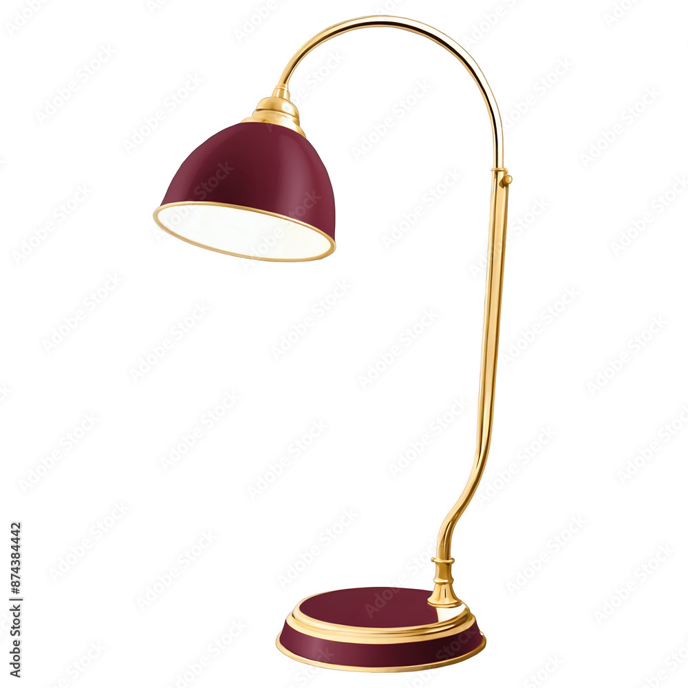 Poster This object is a classic reading lamp made of polished brass with a round base and a curved neck. The lampshade is a deep maroon color and has a fluted design..