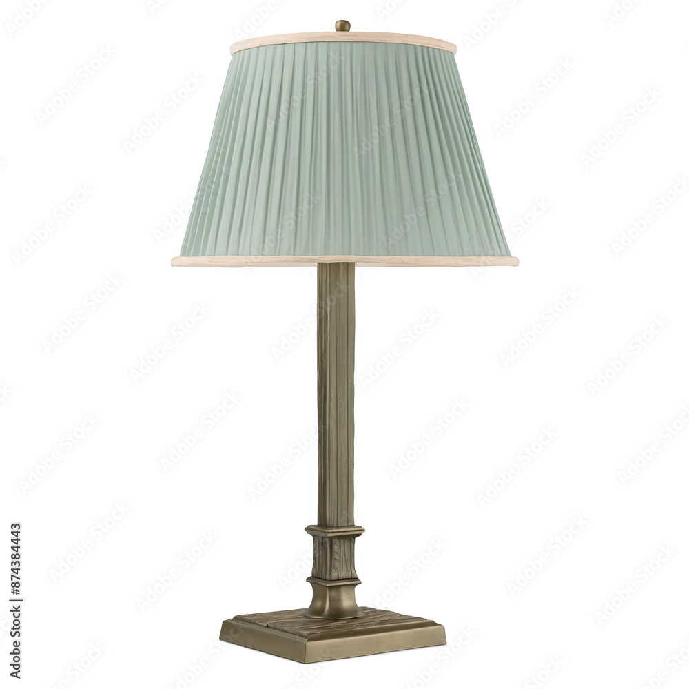 Poster The reading lamp has a vintage look with a weathered bronze finish and a square base. The lampshade is a muted green color and has a textured pleated design..