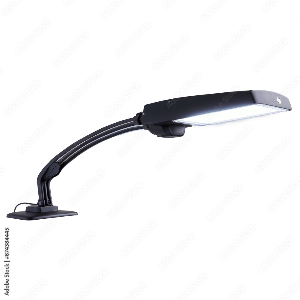 Poster A bright light source with a compact body and a tiltable head designed to illuminate specific areas or objects..