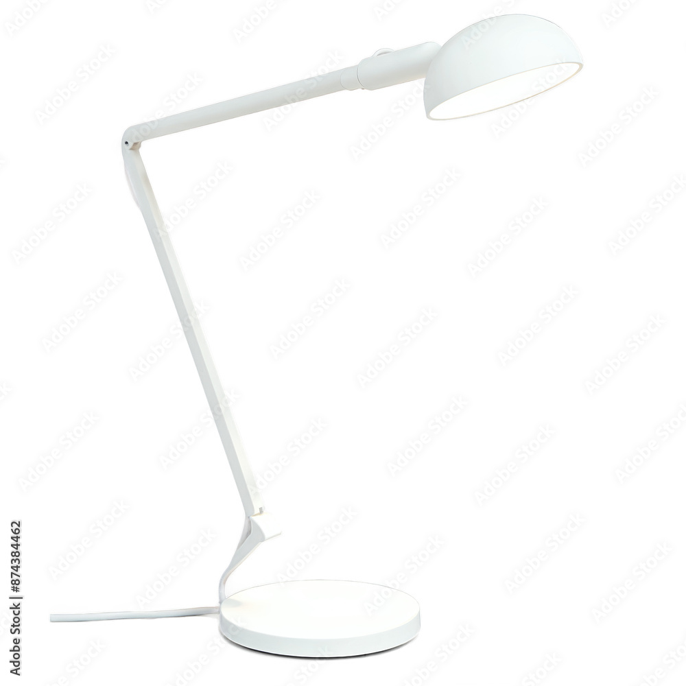 Aufkleber This object is a minimalist reading lamp with a simple white metal frame and a cylindrical lampshade in a light grey color. The base is small and circular making it a spacesaving.