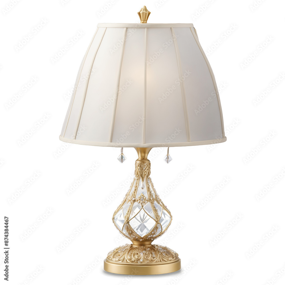 Poster A chic lamp with a glittering crystalcovered stem ending in a flared shade adorned with intricate patterns and tassellike embellishments..