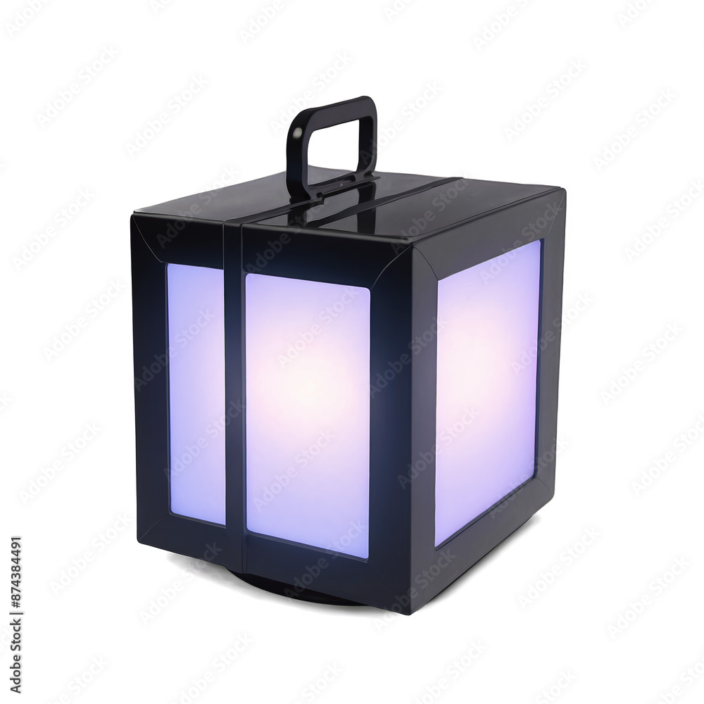 Poster A modern plastic lantern shaped like a cube with a LED light inside and a switch on the side..