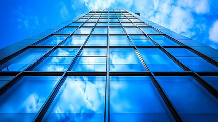 Low-angle view of a modern glass skyscraper reflecting the blue sky and clouds, symbolizing urban architecture and corporate success.