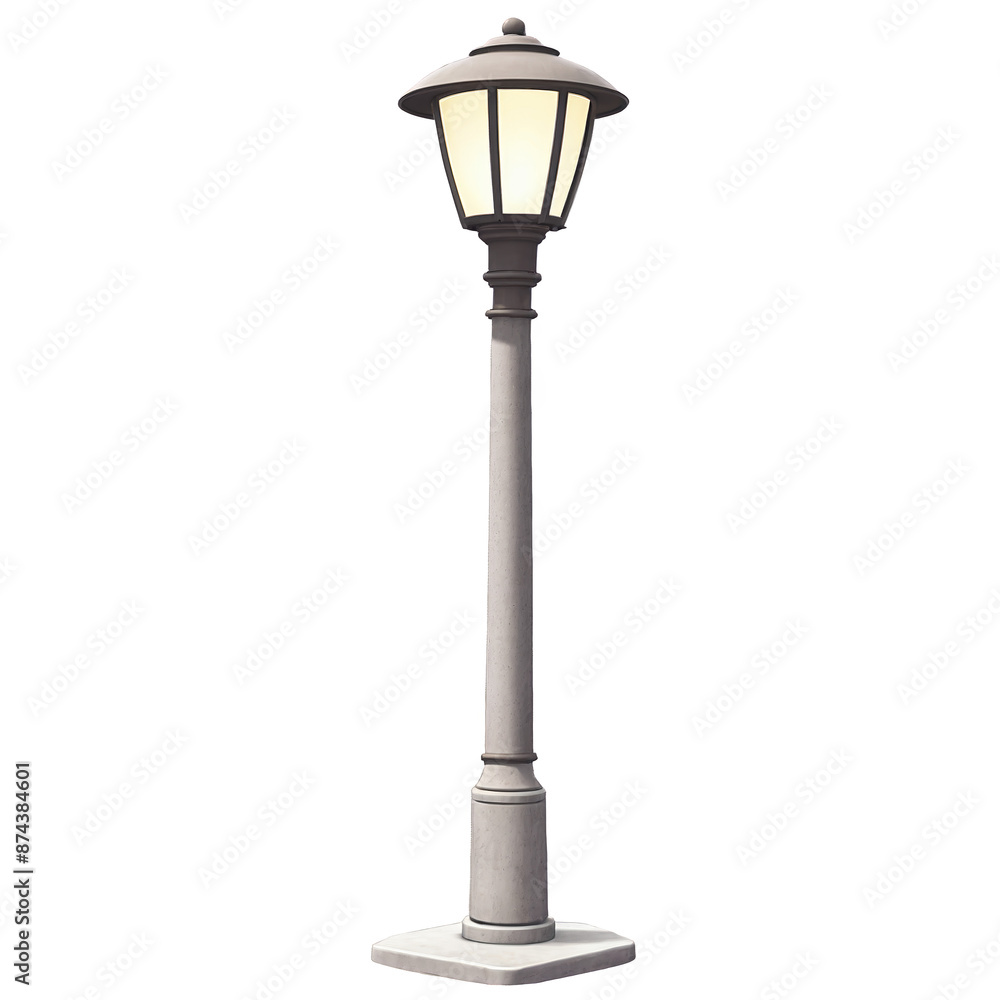 Aufkleber An outdoor lamp post standing on a concrete base with a spherical light attached to the top. The post has a smooth finish and stands at a uniform height..