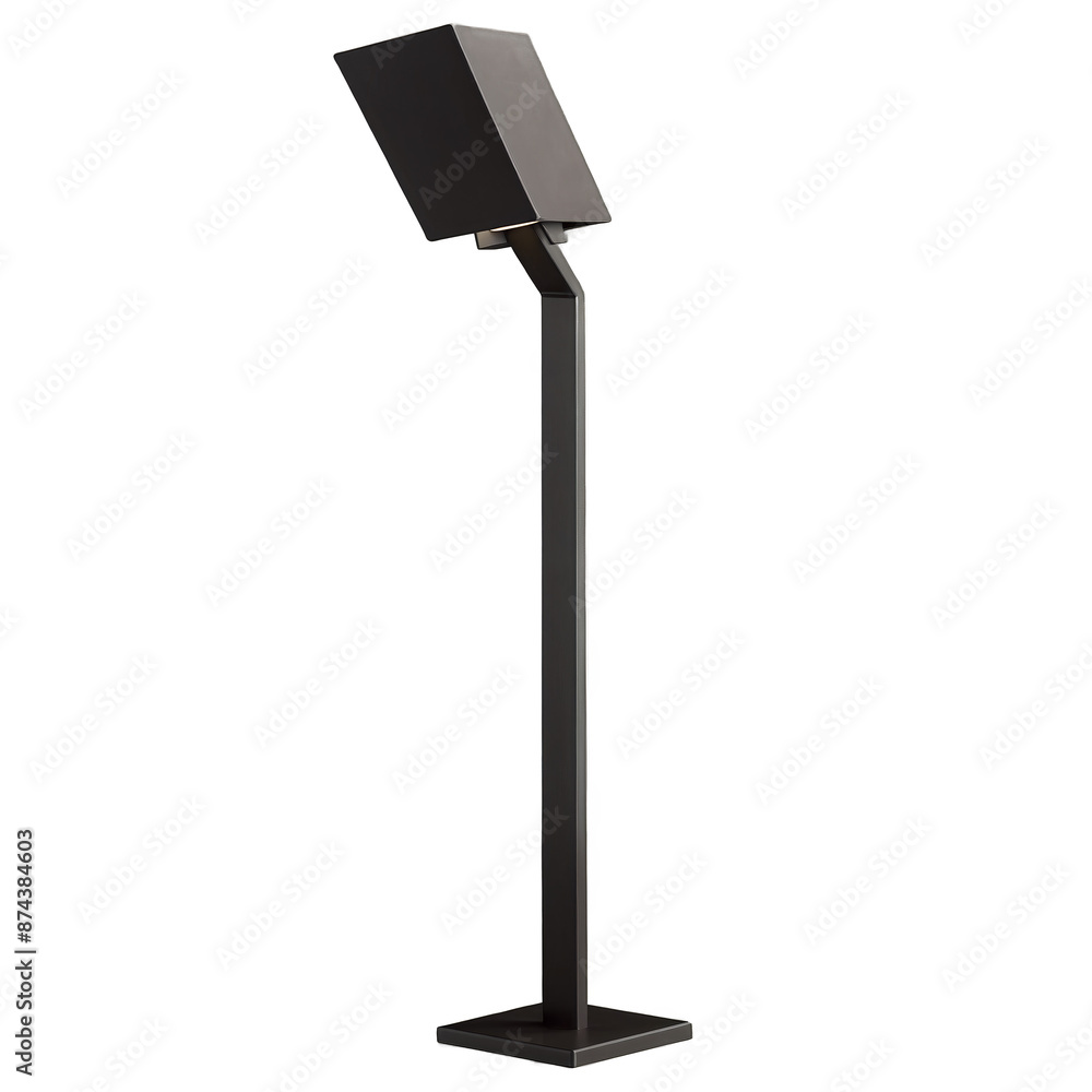 Poster An outdoor lamp with an angular design featuring a sleek black base and a slender metal frame. The top features a glowing orbshaped light..