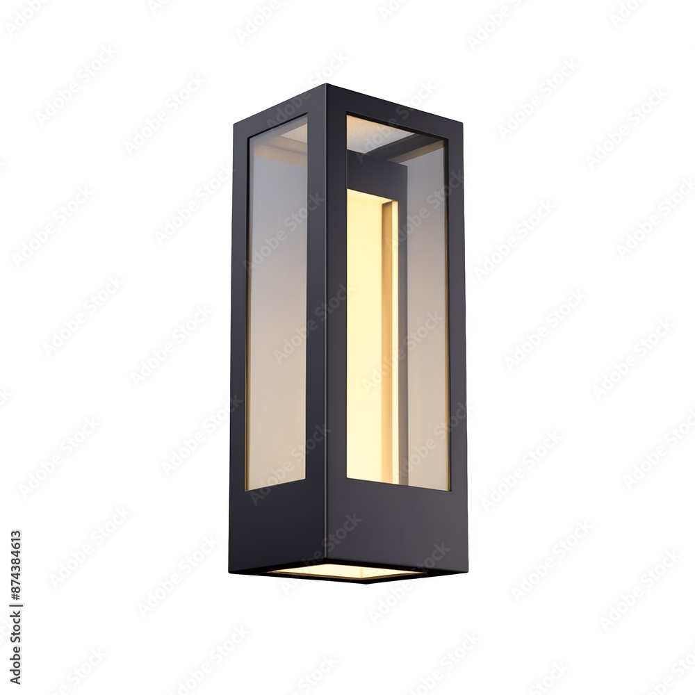 Poster a sleek and modern outdoor light featuring a tall rectangular frame made of black metal and transpar