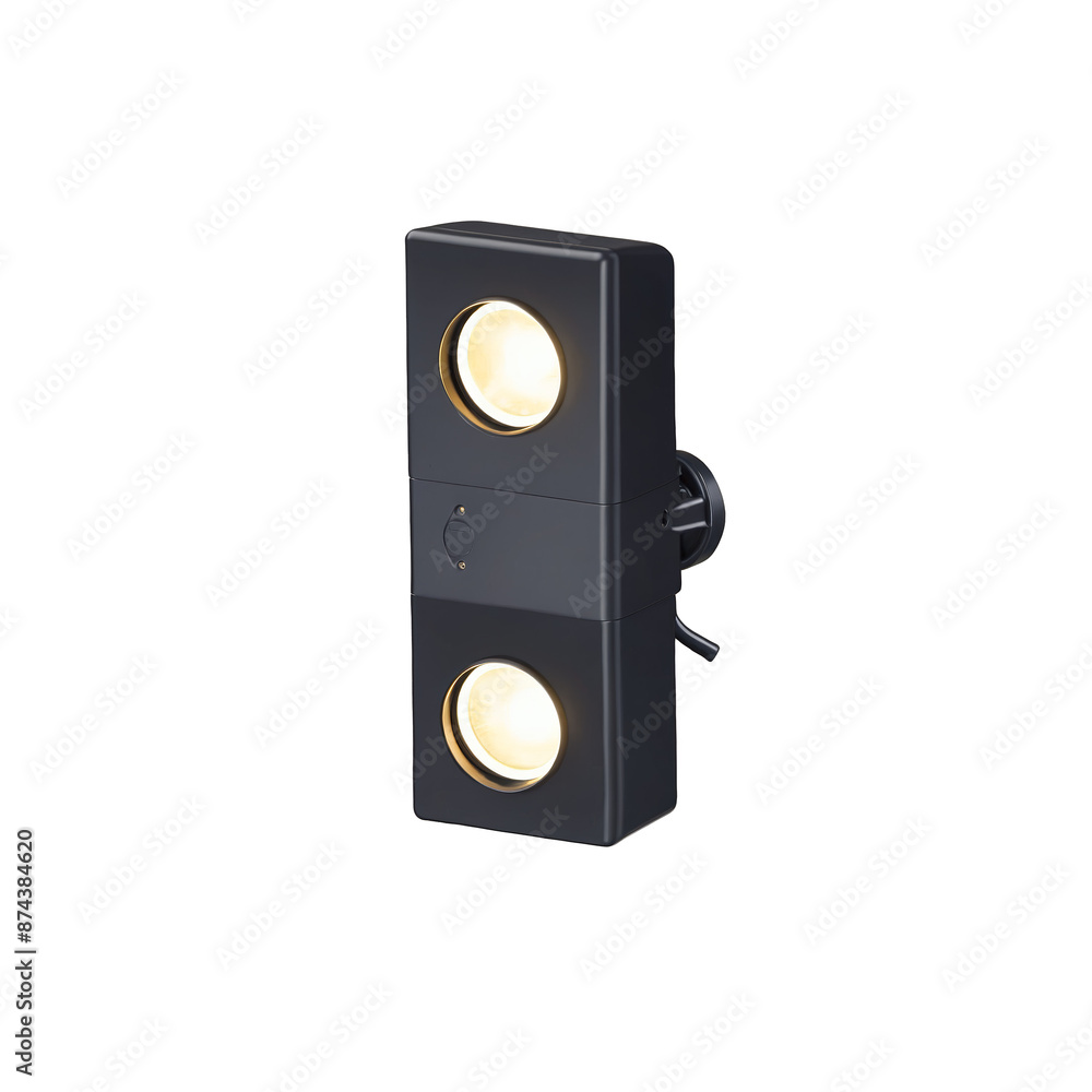 Poster A rectangular security light with a sleek black finish featuring two adjustable spotlights and a small control panel on the side for setting the timers..