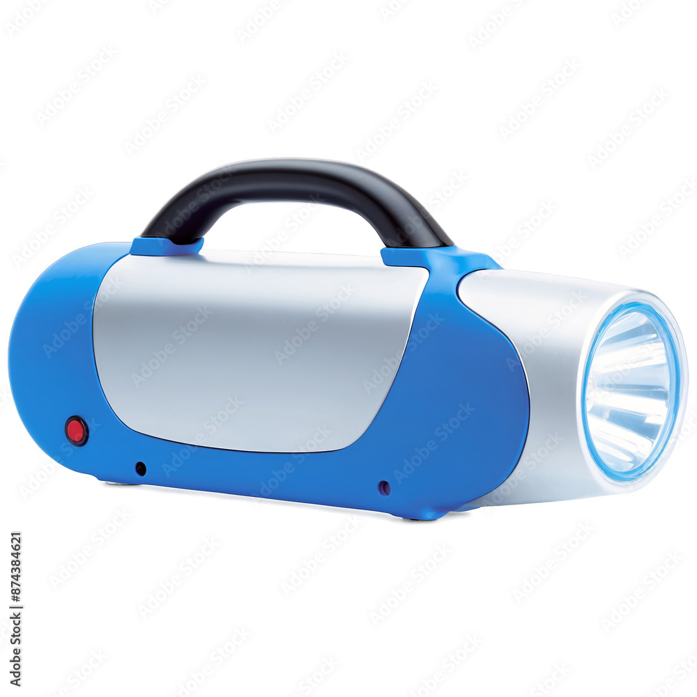 Poster a portable work light with a bright white beam surrounded by a durable plastic casing with a sleek b