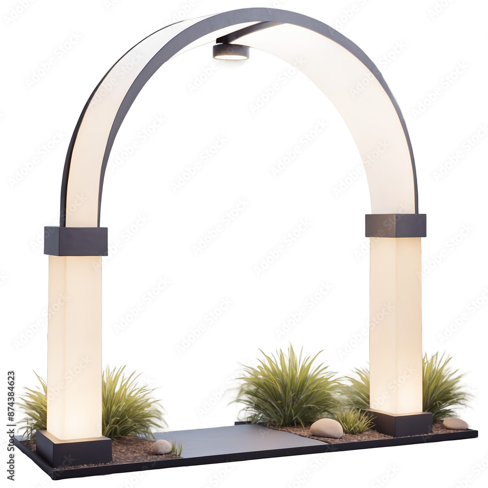 Poster A contemporary landscape light with a unique shape featuring a flat rectangular base and a curved arch on top. The arch holds a round light fixture with a black frame and frosted.