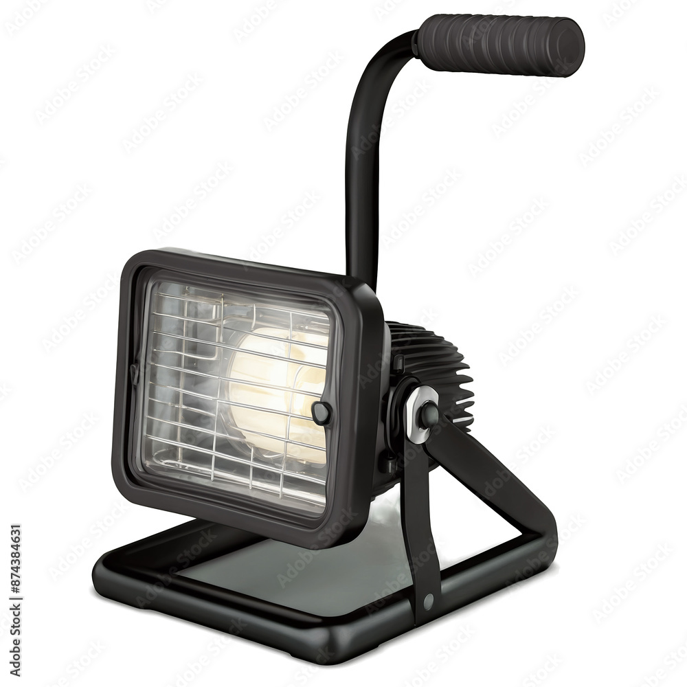 Poster an industriallooking work light with a sy metal frame featuring a large rectangular lens covered in 