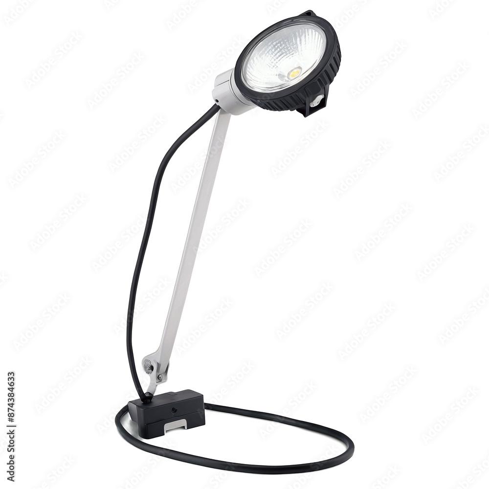 Poster a heavyduty work light with a long retractable cord and a thick rubber grip housing a powerful halog