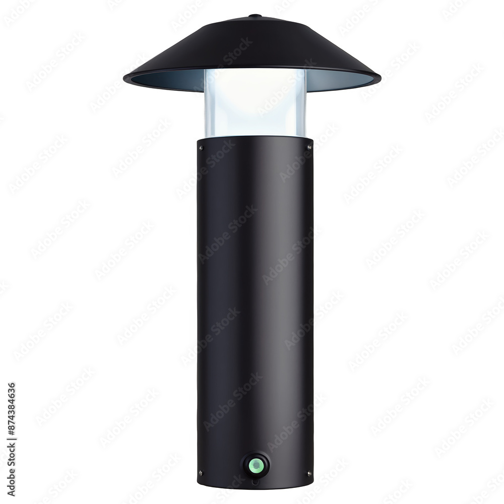 Poster A cylindershaped security light with a black finish sitting atop a wooden post. The light has a builtin camera and a small keypad for access..