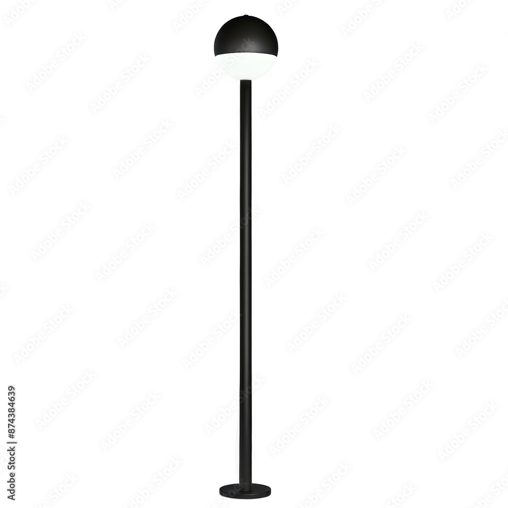 Poster A tall functional light structure featuring a long slender post and a spherical light at the top. The post has a matte black finish and the light casts a wide gentle glow..
