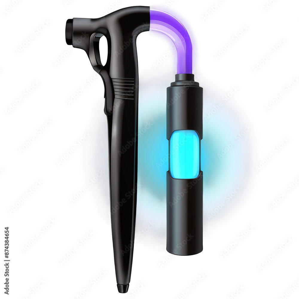 Poster A handheld tool with a cylindrical shape and a glowing tip that emits ultraviolet rays..