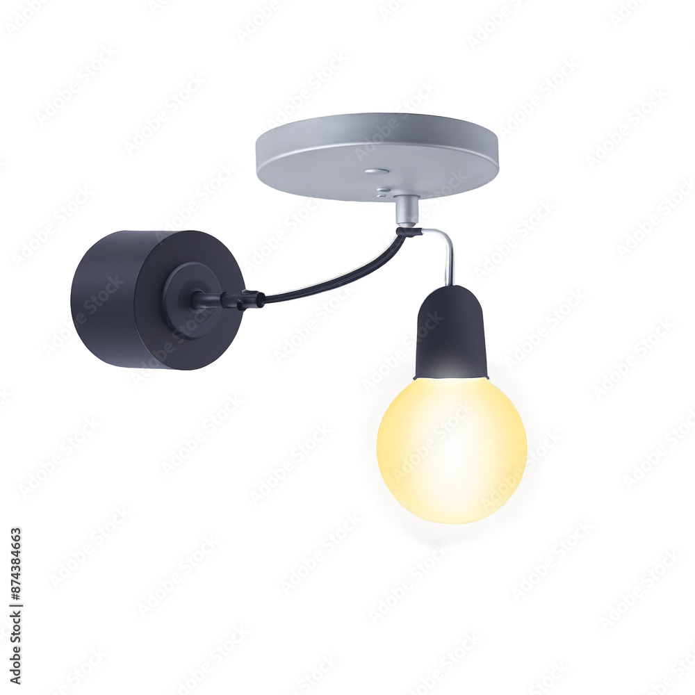 Poster An adjustable light fixture with a silver reflector and a warm glowing bulb inside..