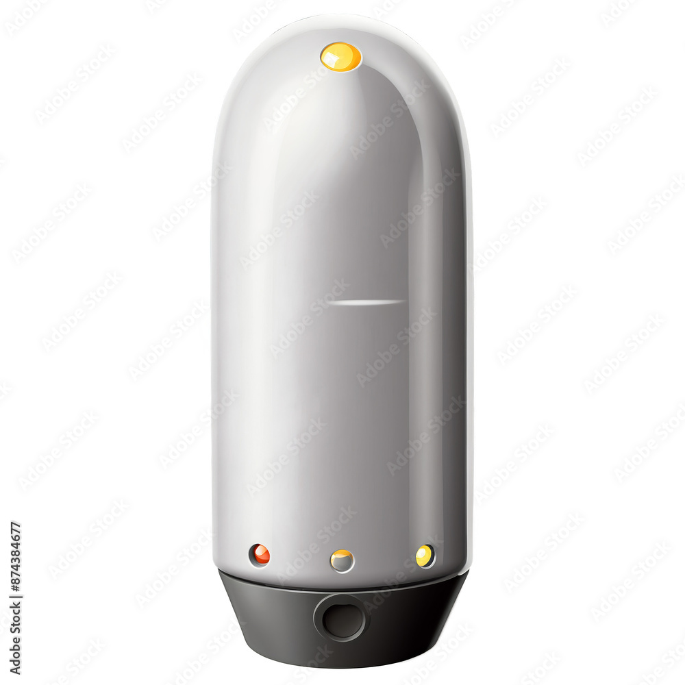 Aufkleber A cylindrical object with a rounded top and a flat sy base. Its exterior is covered in reflective silver material with a large power button on one side and a series of flashing.