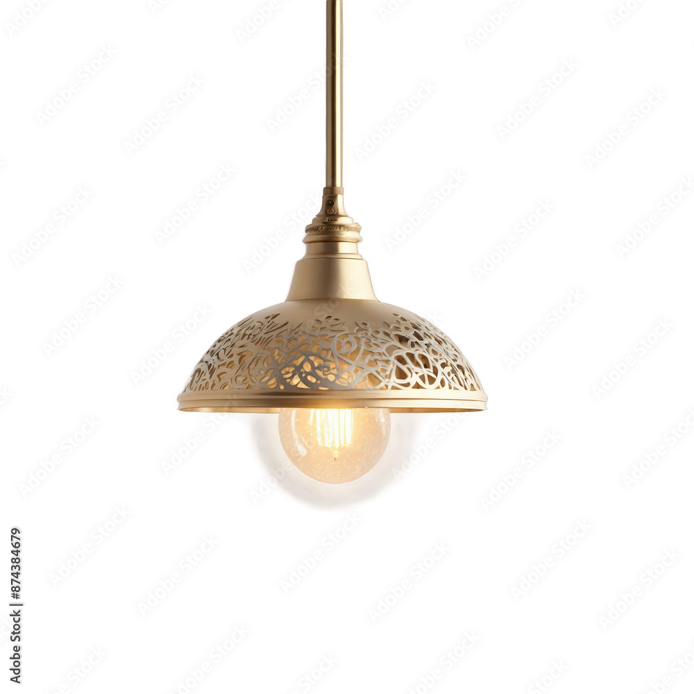 Wall mural a metallic domeshaped light fixture hung from the ceiling with intricate out patterns and a bulb ins