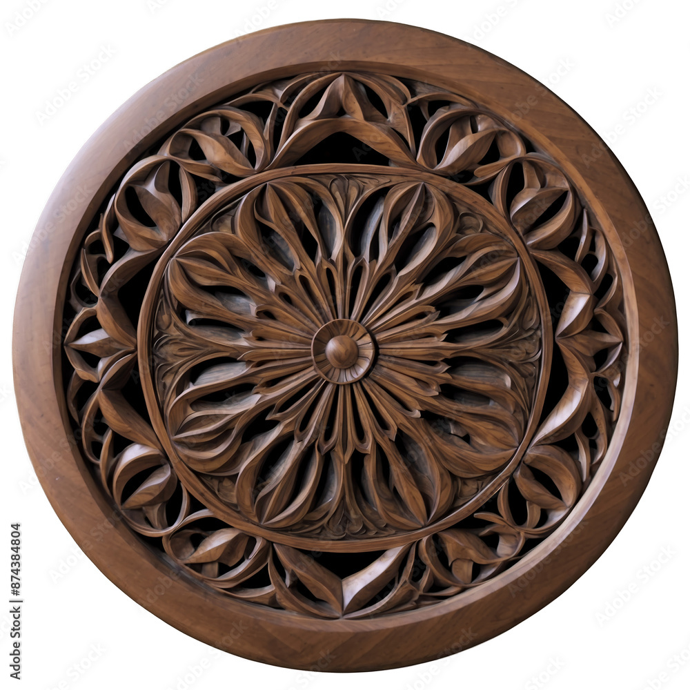 Poster this decorative item is a wooden wall hanging featuring a geometric design carved into its surface. 