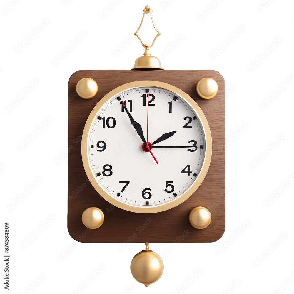 Poster Small square clock made of wood with a simple white face and two alarm bells on the top..