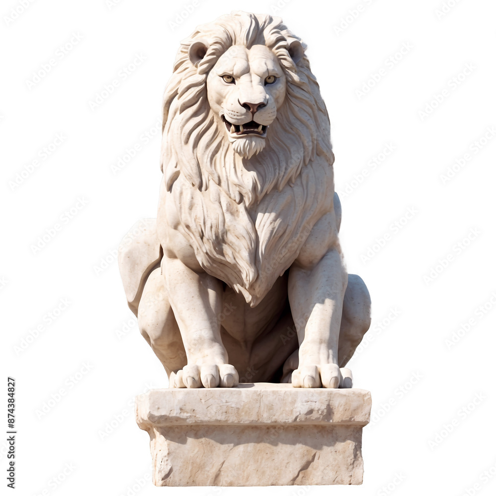 Poster a weathered stone statue of a lion with a powerful stance and muscular body..