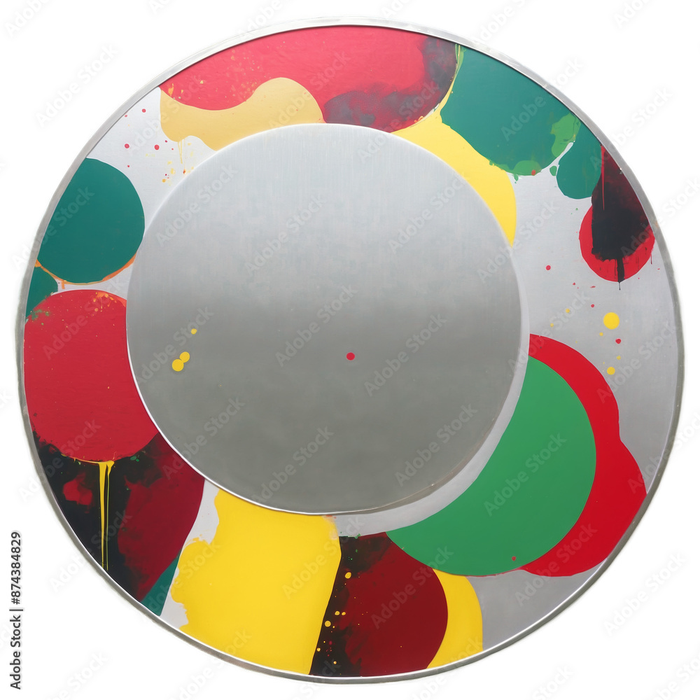 Poster A circular painting on a metal surface showing a colorful abstract design with geometric shapes and bold splatters of red green and yellow paint..