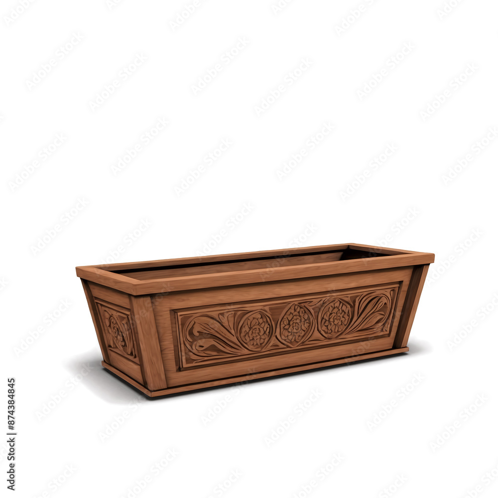 Aufkleber A rectangular planter made of dark brown wood with a carved pattern along the edges and a textured surface..