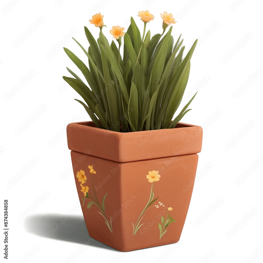 Poster A small square planter made of terracotta with a matte finish and a small design of flowers painted on the side..