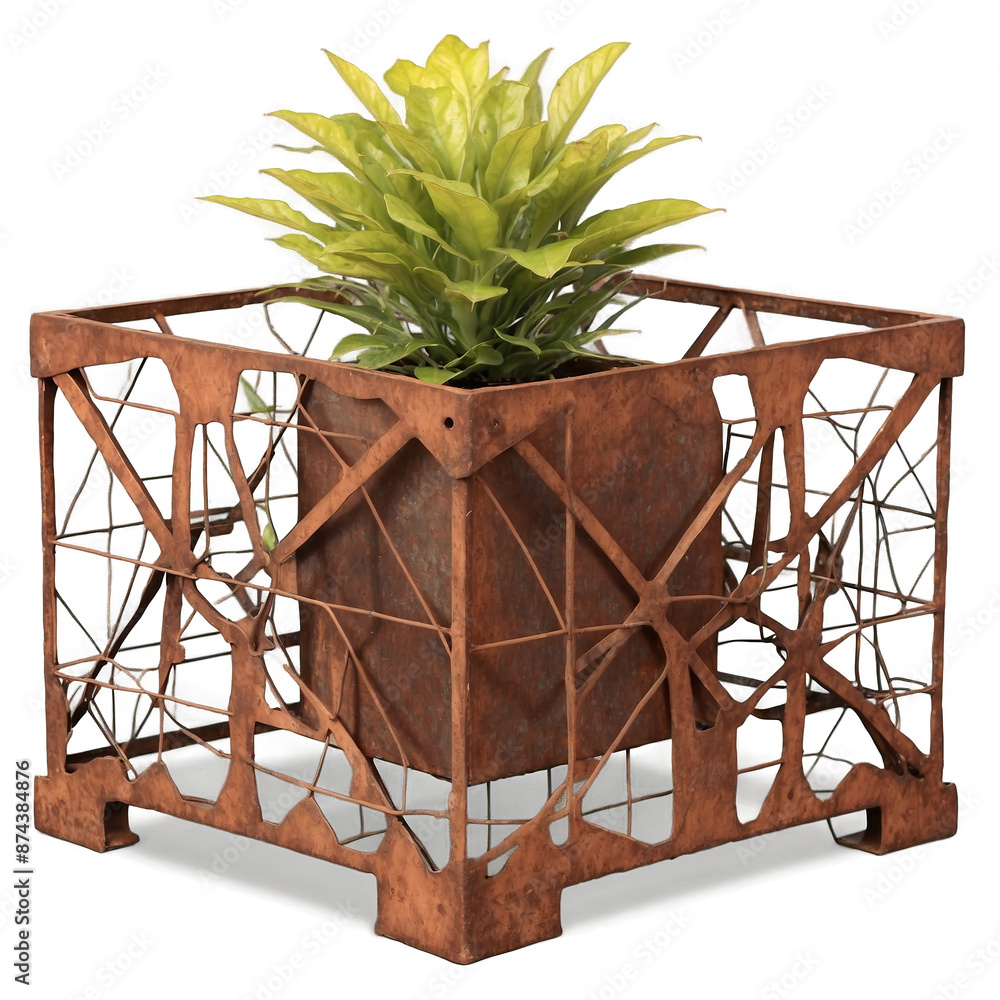 Aufkleber A square planter made of metal wire with a geometric pattern and a rusted aged appearance..