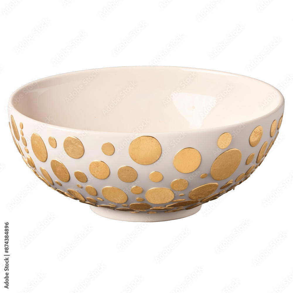 Aufkleber A small ceramic bowl with a glossy finish and a geometric pattern of gold circles and squares. Its base has a raised textured surface resembling tree bark..