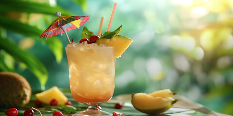 A tropical cocktail adorned with fresh fruit and a small umbrella, set against a lush green background, evokes a sense of refreshment and summer vacation.