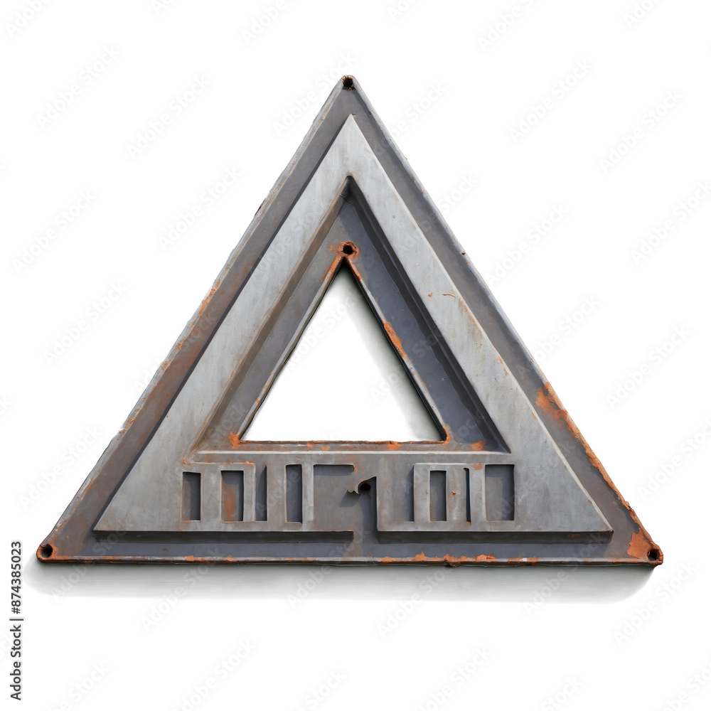 Poster A tall triangular sign made of corrugated metal and spraypainted with block letters..