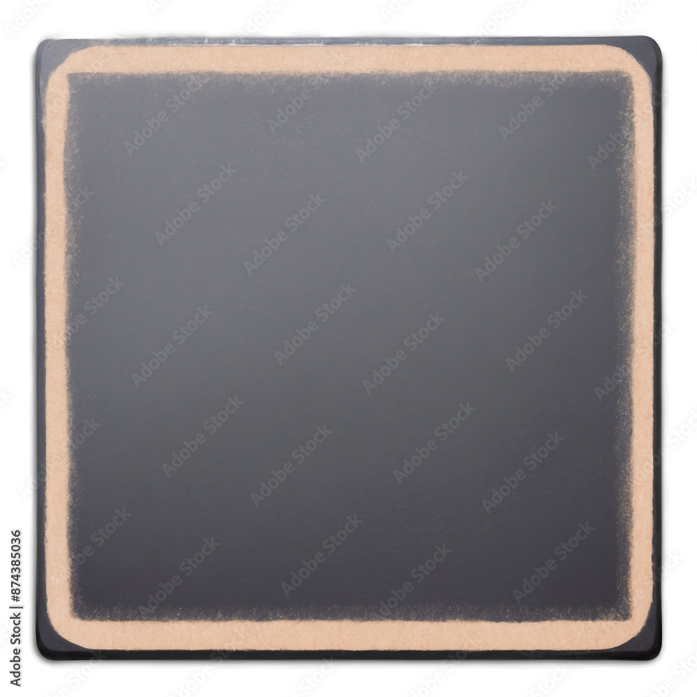 Poster A black hard surface with a square shape and a border made of brown or beige material designed for writing and erasing with chalk..