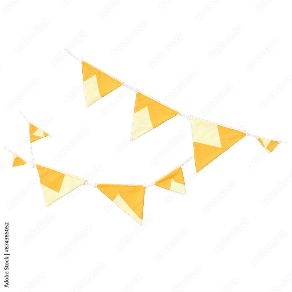 Poster a festive decorative piece made up of small fabric triangles strung together in a vertical arrangeme