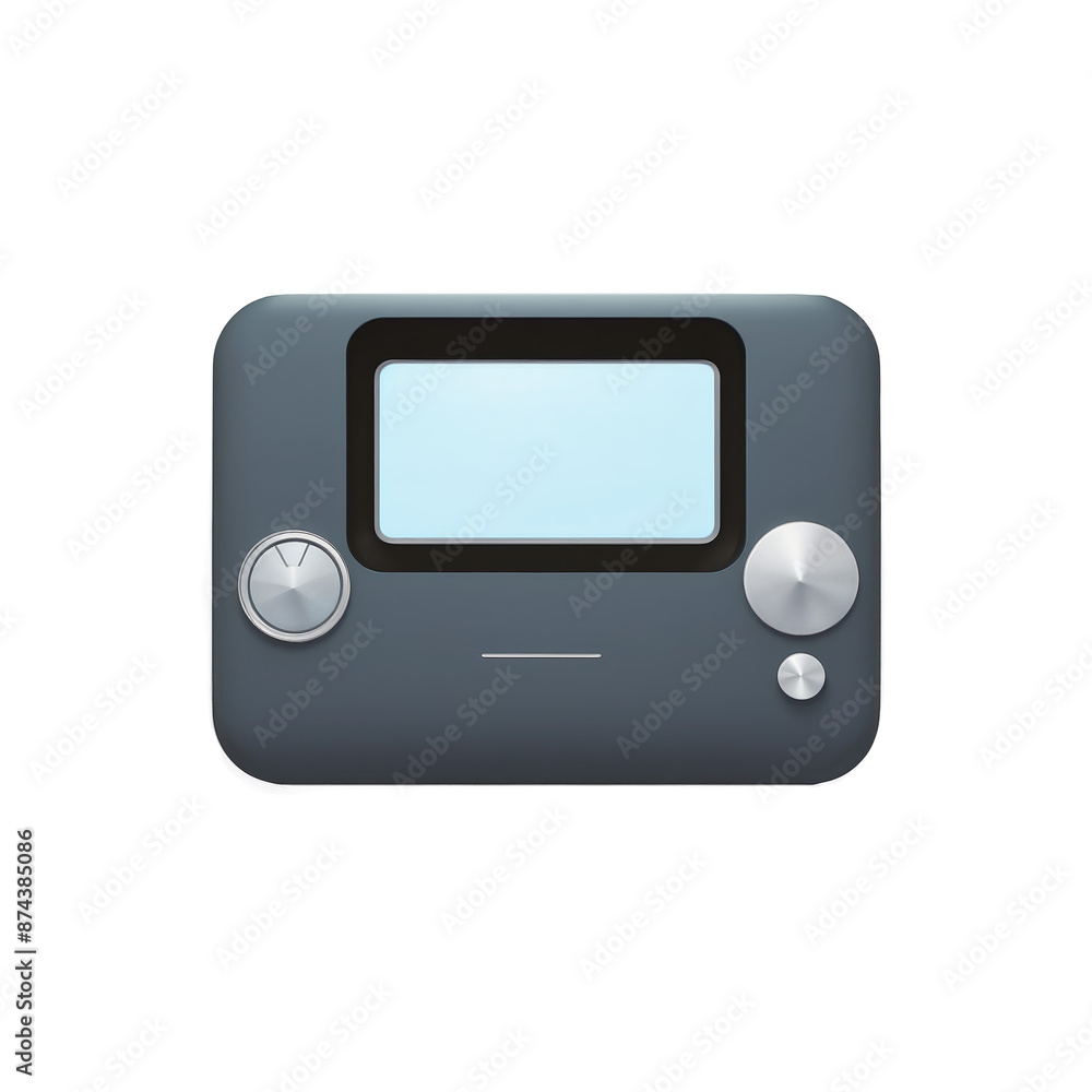 Fototapete A rectangular object with a shiny screen and several buttons on the bottom. It has a small camera lens at the top and a small hole for a headphone jack on the side..