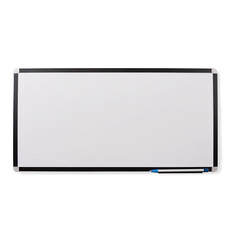 A large rectangular board made of white material enclosed by a thin black border used for writing and drawing with dry erase markers..