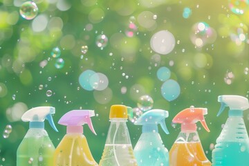 Eco-Friendly Cleaning Supplies on Green Background Concept