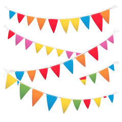 A traditional decorative element consisting of a string of colorful mini flags commonly used to add a touch of fun and celebration to a space..