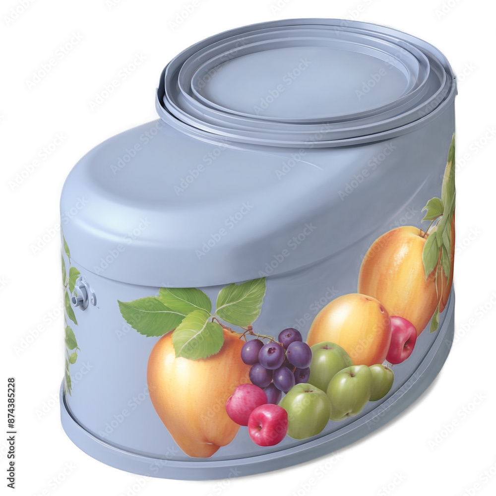 Fototapete A cylindrical container with a pulloff cap on one end. The container is adorned with images of fruits and has a string attached to the lid..
