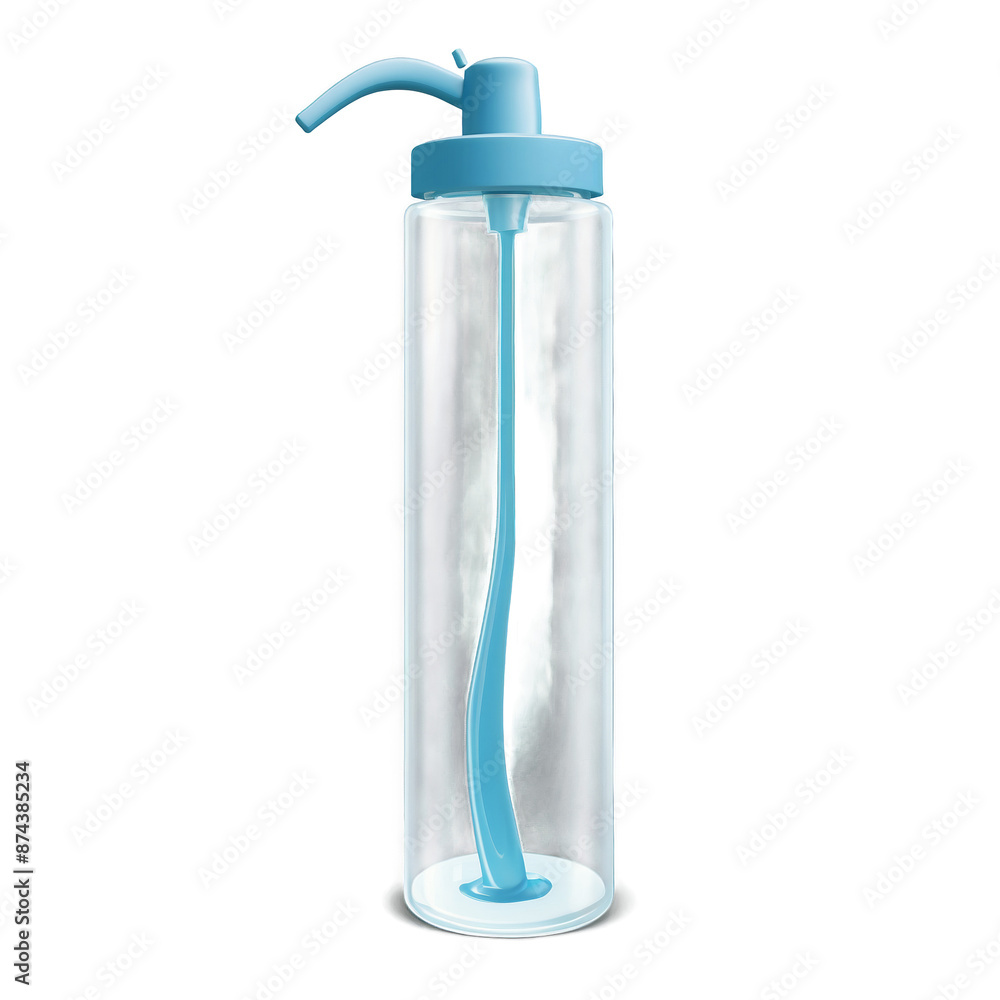 Aufkleber A slender elongated container made of glass. The container has a pump nozzle on top and is partially filled with a transparent liquid..
