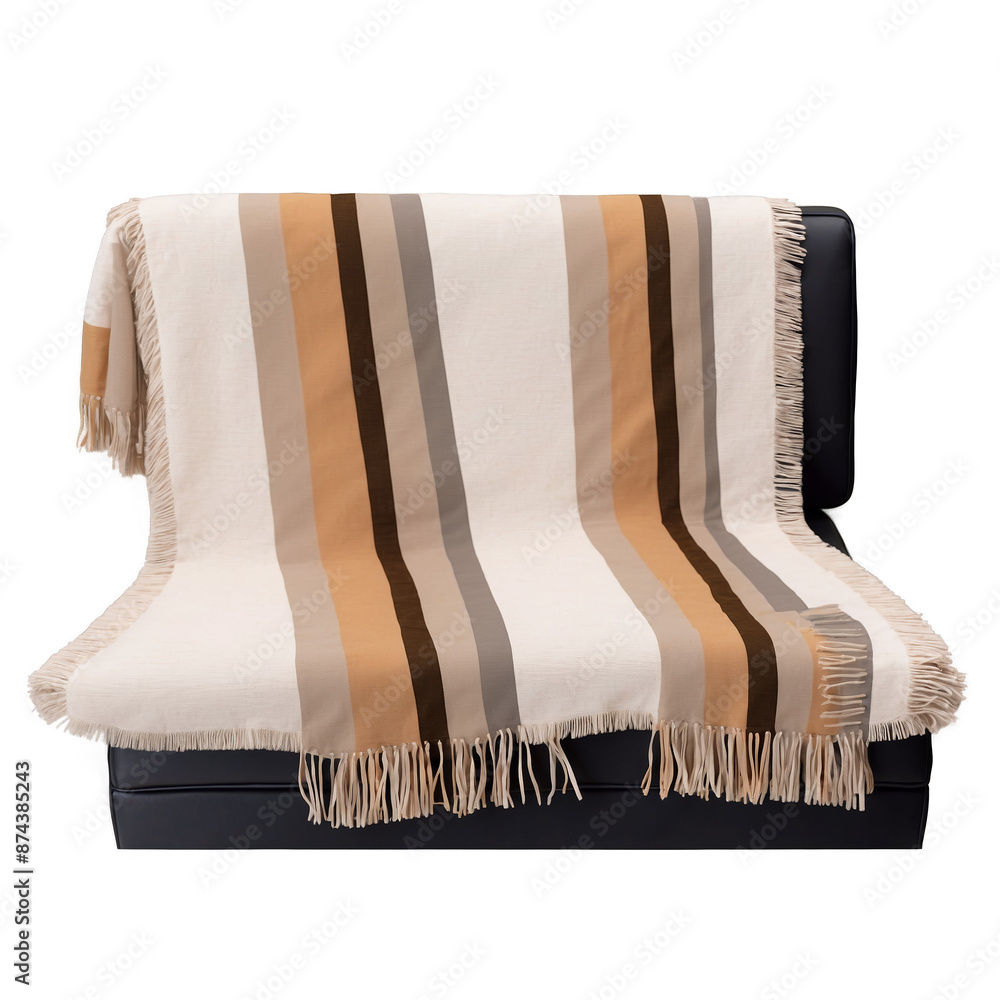 Poster A woven blanket with fringed edges and a neutral warm color palette..