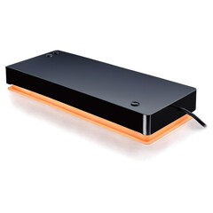 A compact rectangular object with a sleek black exterior. It has a simple onoff switch and a row of small LED lights that change colors when in use..
